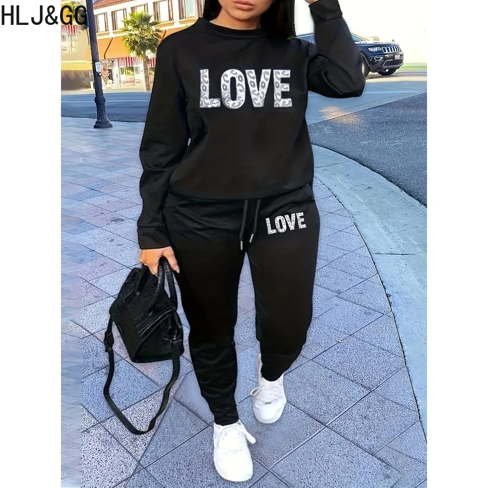 HLJ&GG Autumn Casual Letter Print Jogger Pants Tracksuits Women O Neck Long Sleeve Pullover + Pants Two Piece Sets Outfits Black