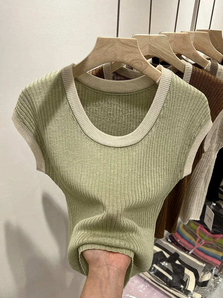 Sommer Frauen T-Shirt T-Shirt Frau Kleidung weibliche Elastizität übergroße Kurzarm Frauen Tube Top Strick Canale Y2k Tops T-Shirt — изображение 2