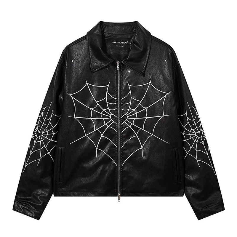 

High Street Retro Spider Web Embroidery Mens Leather Jacket Lapel Zipper Fashion Casual Loose Motorcycle Coat Couples Streetwear