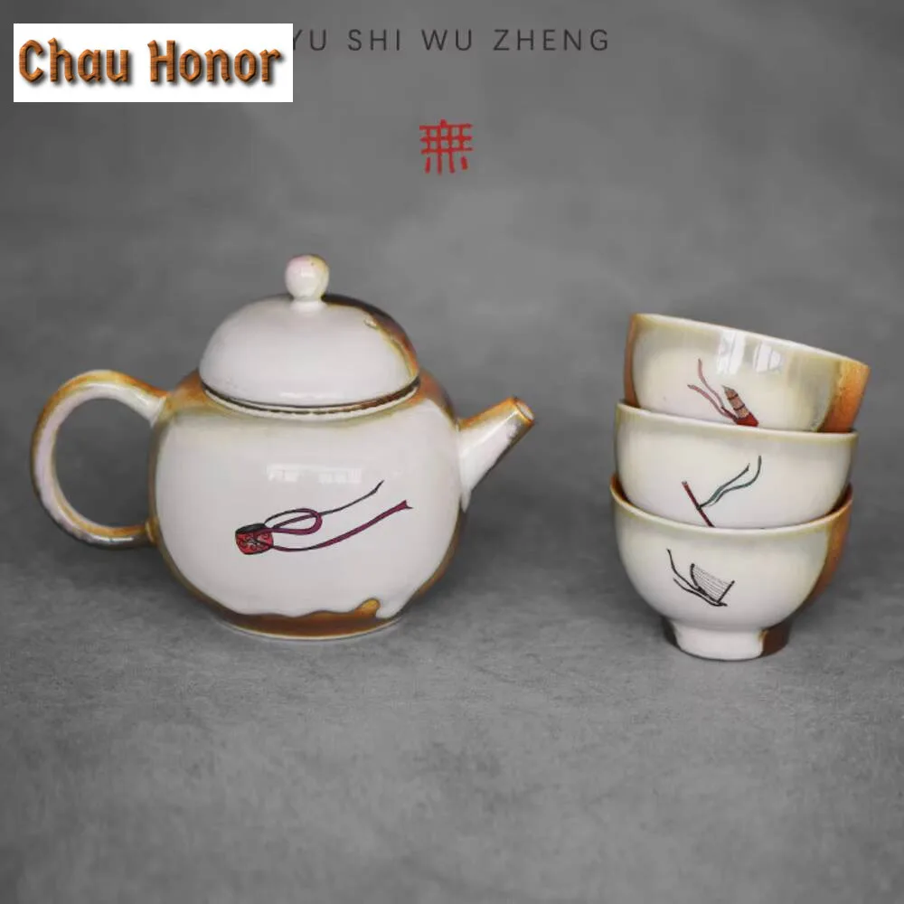 Chinese Dunhuang Apsaras Tea Set Complete Set Zen Hand Grasp Pot Tea Ceremony Set Tea Brewing 1 Pot 3 Cups Set Tea Items Gift