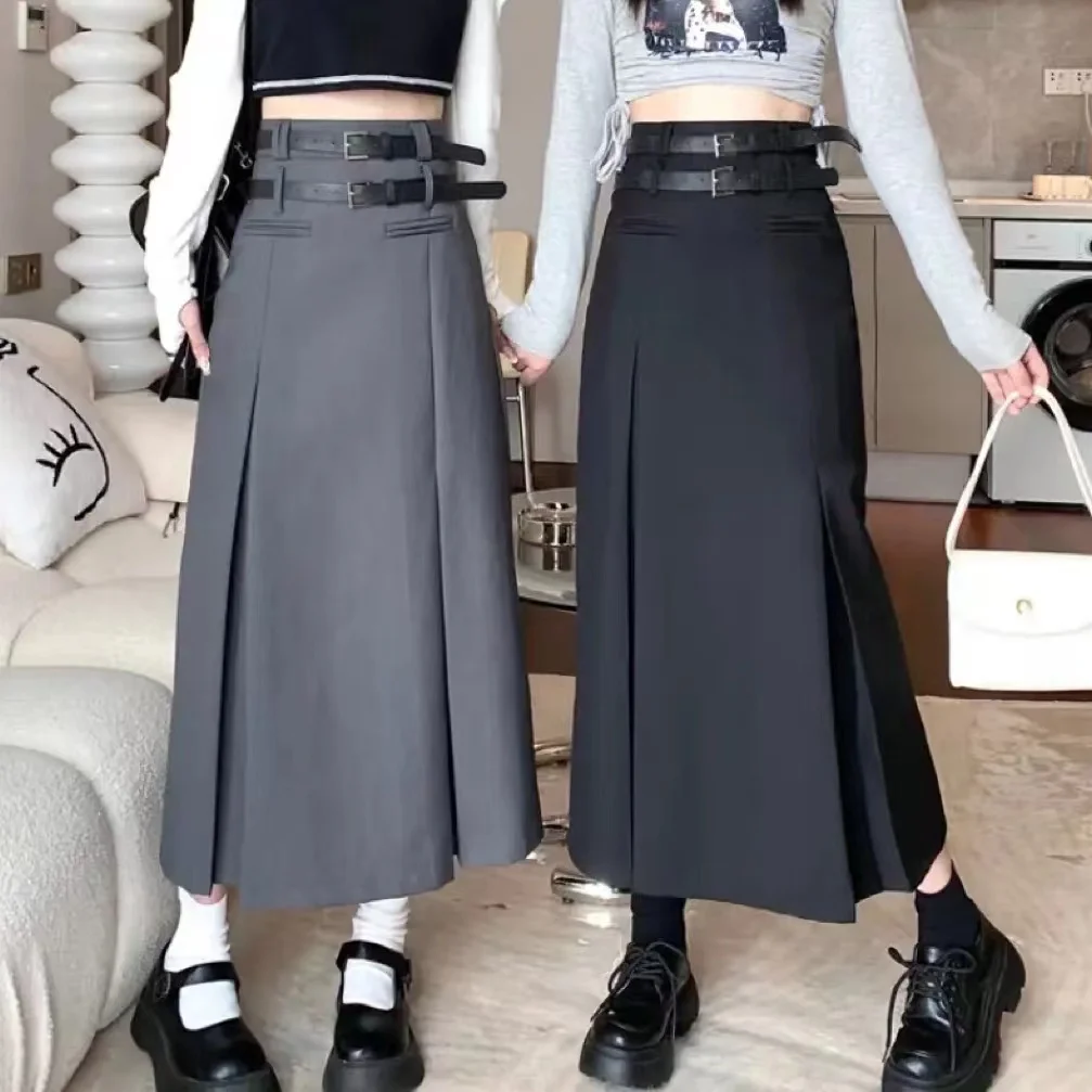 

2023 Fall Winter Korean Mid-Length Double Belt Suit Skirt Woman Stylish All Matching Black Gray A Line Skirt