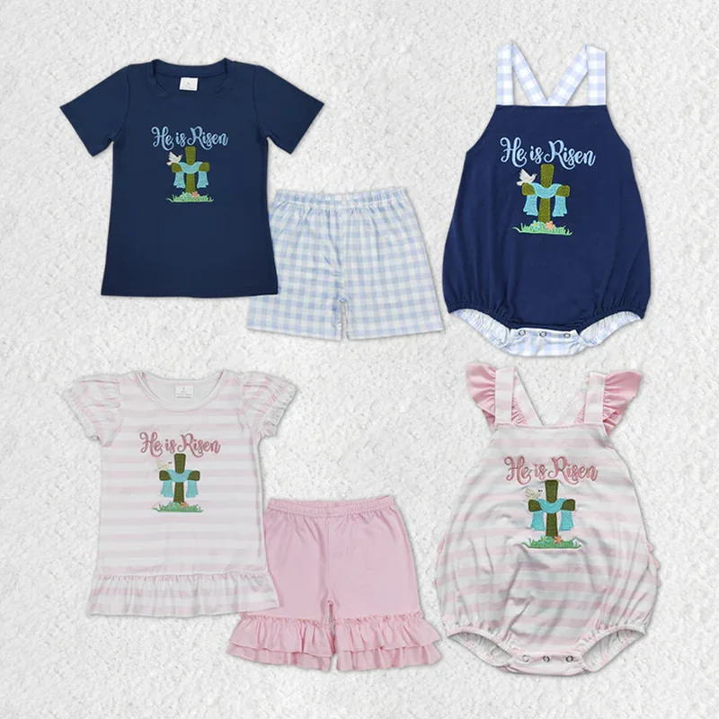 Baby Girls Clothes Easter He Is Risen Embroidery Kids Sibling Clothing Girls Boys Boutique Outfit Match Baby Rompers kids clothing set