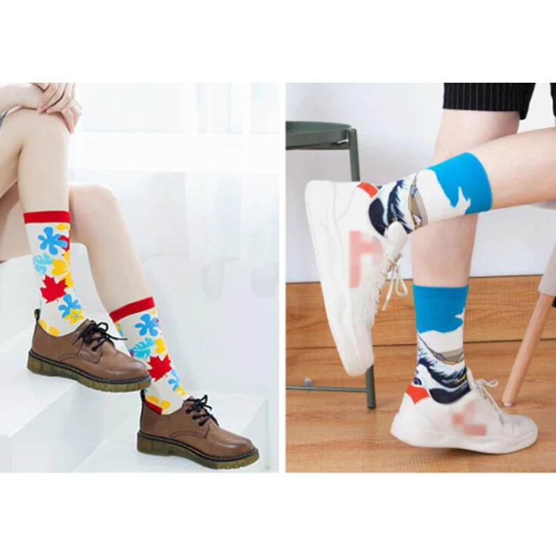 5 Pairs Colorful Men Cotton Socks Retro Novelty Art Stripe Grid Geometry Socks Women Fashion Fun Dress Socks Mid Length Socks