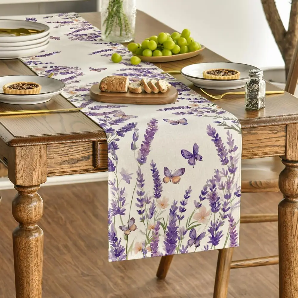 Spring Purple Lavender Floral Linen Table Runner Party Decor Reusable Farmhouse Kitchen Dining Table Runner Wedding Decorations macrame table runner