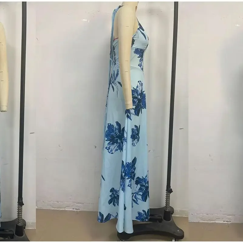 Damen-Maxikleid mit Blumendruck, Neckholder, tiefem V-Ausschnitt, ärmellos, hohe Taille, Schnürkleider, lässig, für den Urlaub, Strand, Streetwear – Detail 26