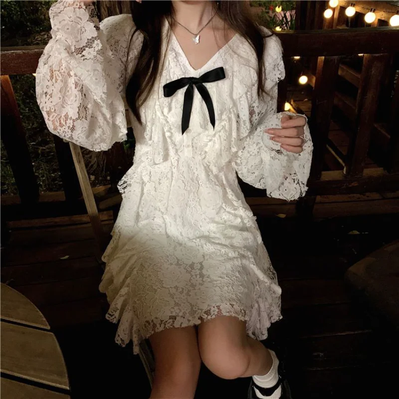 

Deeptown Vintage Fairycore White Princess Dress Women Korean Preppy Style Ruffles Long Falre Sleeve Mini Shirt Dresses Autumn