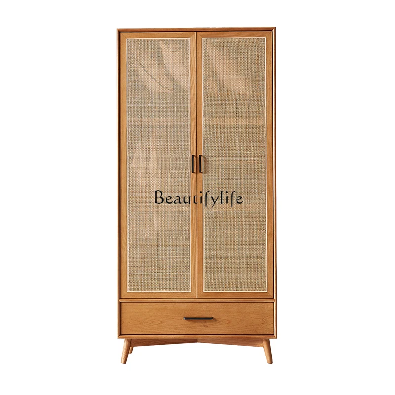 

Modern Minimalist Solid Wood Wardrobe Home Bedroom Double Door Rattan Wardrobe Storage Cabinet