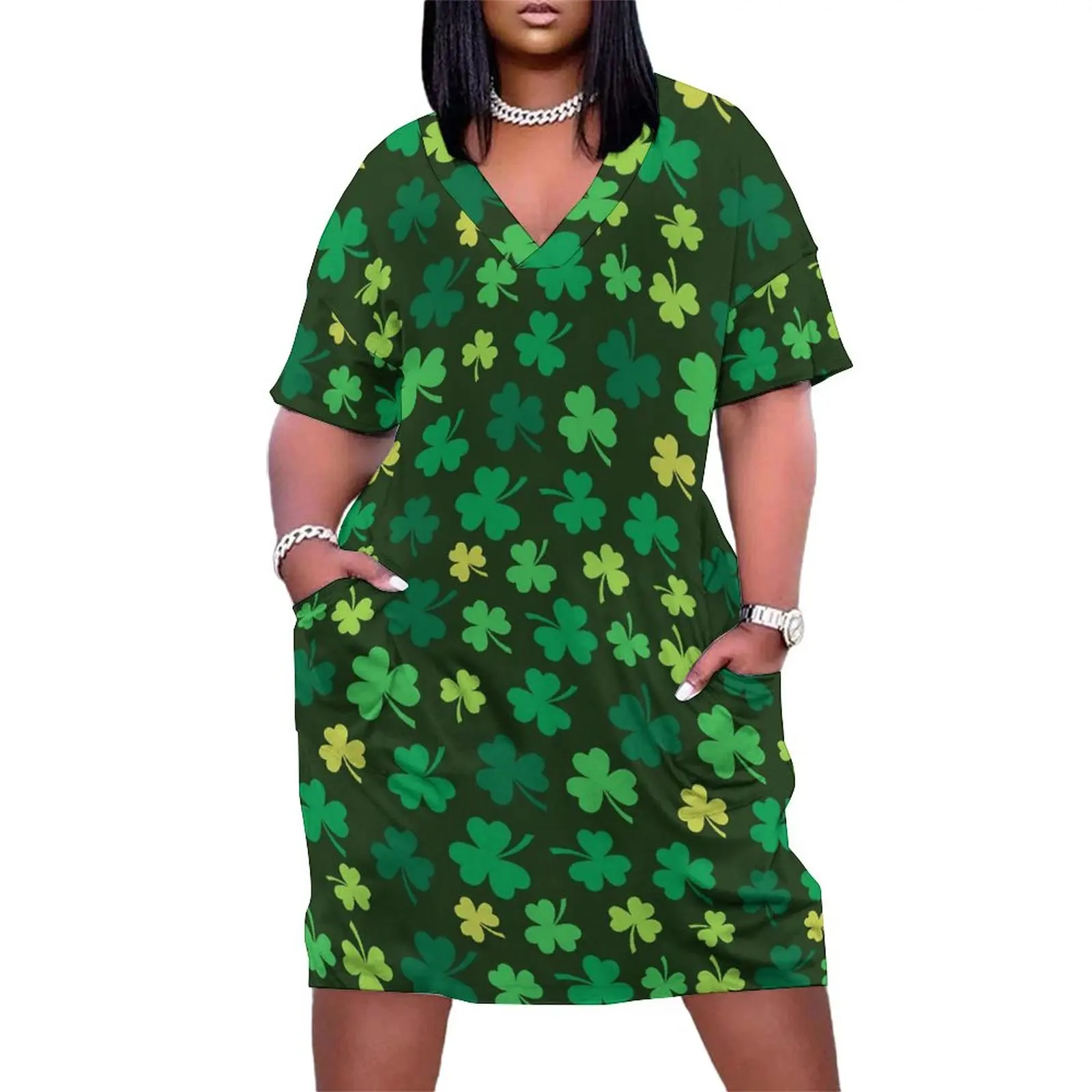 St Patricks Day Dress V Neck Green Shamrock Street Fashion Dresses Summer Cute Casual Dress Ladies Design Plus Size Vestidos