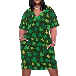 St Patricks Day Dress V Neck Green Shamrock Street Fashion Dresses Summer Cute Casual Dress Ladies Design Plus Size Vestidos