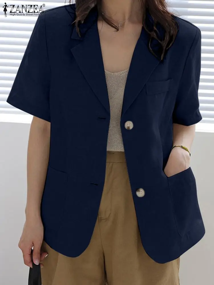 2023 ZANZEA 여성용 빈티지 블레이저, 반팔 재킷, 라펠 넥, 솔리드 코튼 셔츠, 패션 블라우스, OL 작업복, 오버사이즈, 여름 