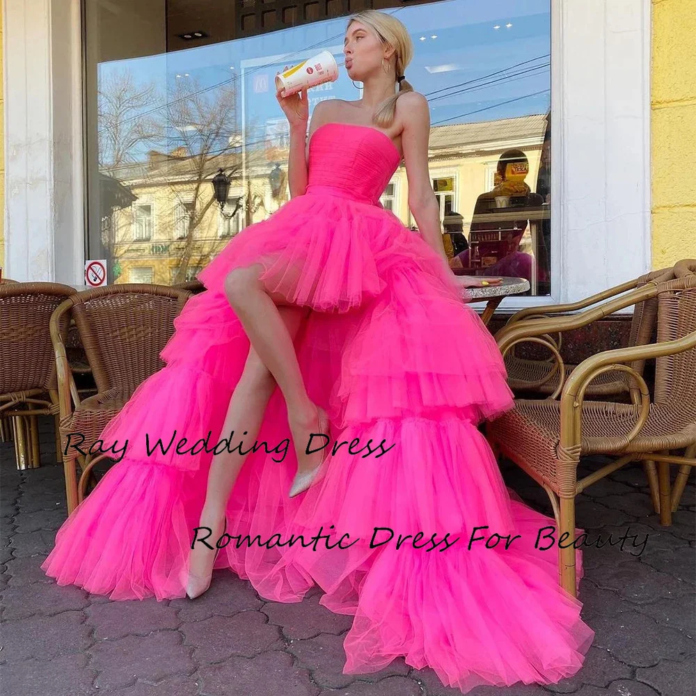 

Charming A Line Prom Dress Tulle High Low Strapless Tiered Ruffle Sleeveless With Sweep Train For Formal Party Prom Gowns