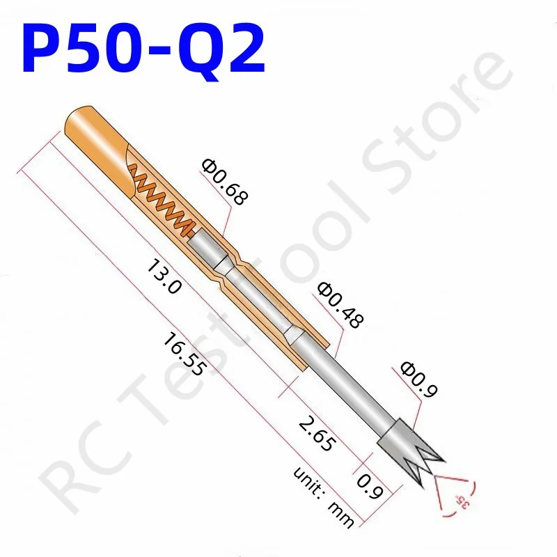 

20/100PCS P50-Q2 Spring Test Probe Test Pin Pogo Pin P50-Q Electric ICT FCT PCB Test Tool 0.90/0.68/16.55mm Needle Crown TipHead
