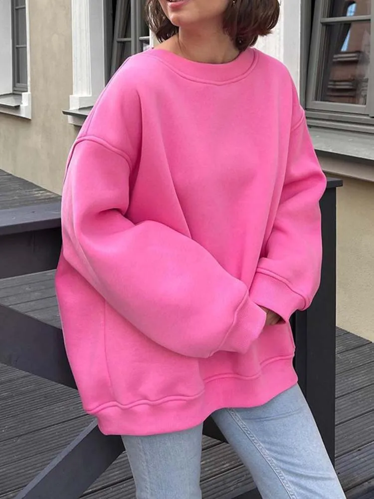 Women Sweatshirt 2023 Autumn Winter Solid Fleece Oversized Pullovers Female Casual O Neck Loose Hoodies