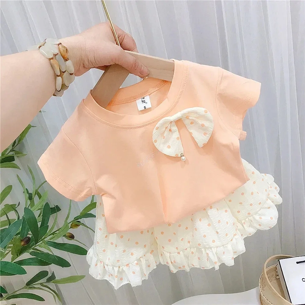 

Summer Girl Baby Short Sleeved T-shirt Top+Polka Dot Short Skirt Two-piece Children's Fashion Clothing Set