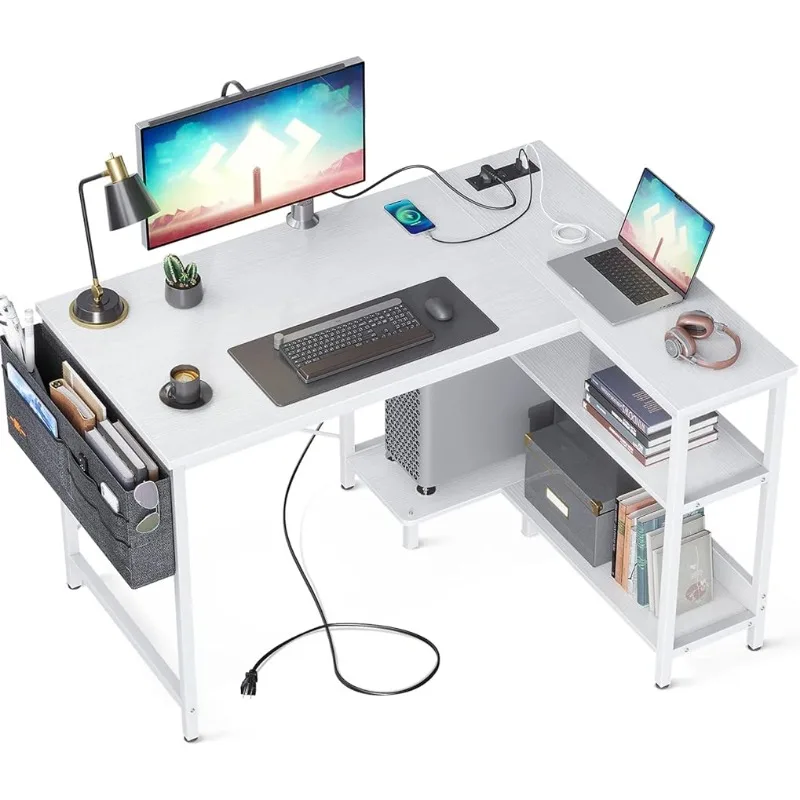 

40 Inch Small L Shaped Computer Desk with Power Outlets, Corner Desk with PC Stand & Reversible Storage Shelves for Small Space