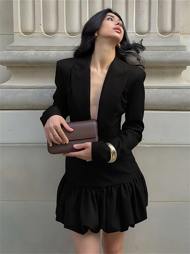 Nibber Puffy Hem Dress Women v-Neck Long Sleeve Folds Patchwork Office Style Street Elegant Skinny Business Party Mini Bodycon