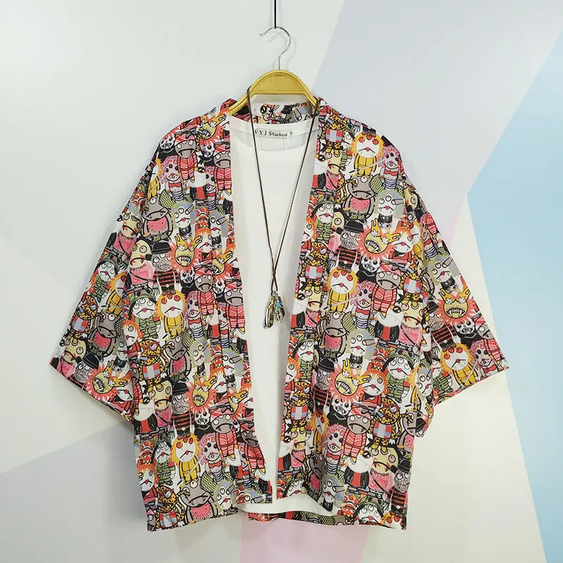 Men Spring Loose Hong Kong Style 3/4 Sleeve Kimono Cardigan Harajuku Streetwear men kimono cardigan