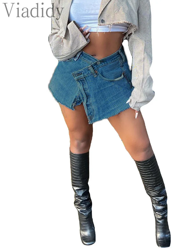 

Women Sexy Solid Color Pocket Button Decor Denim Skirts
