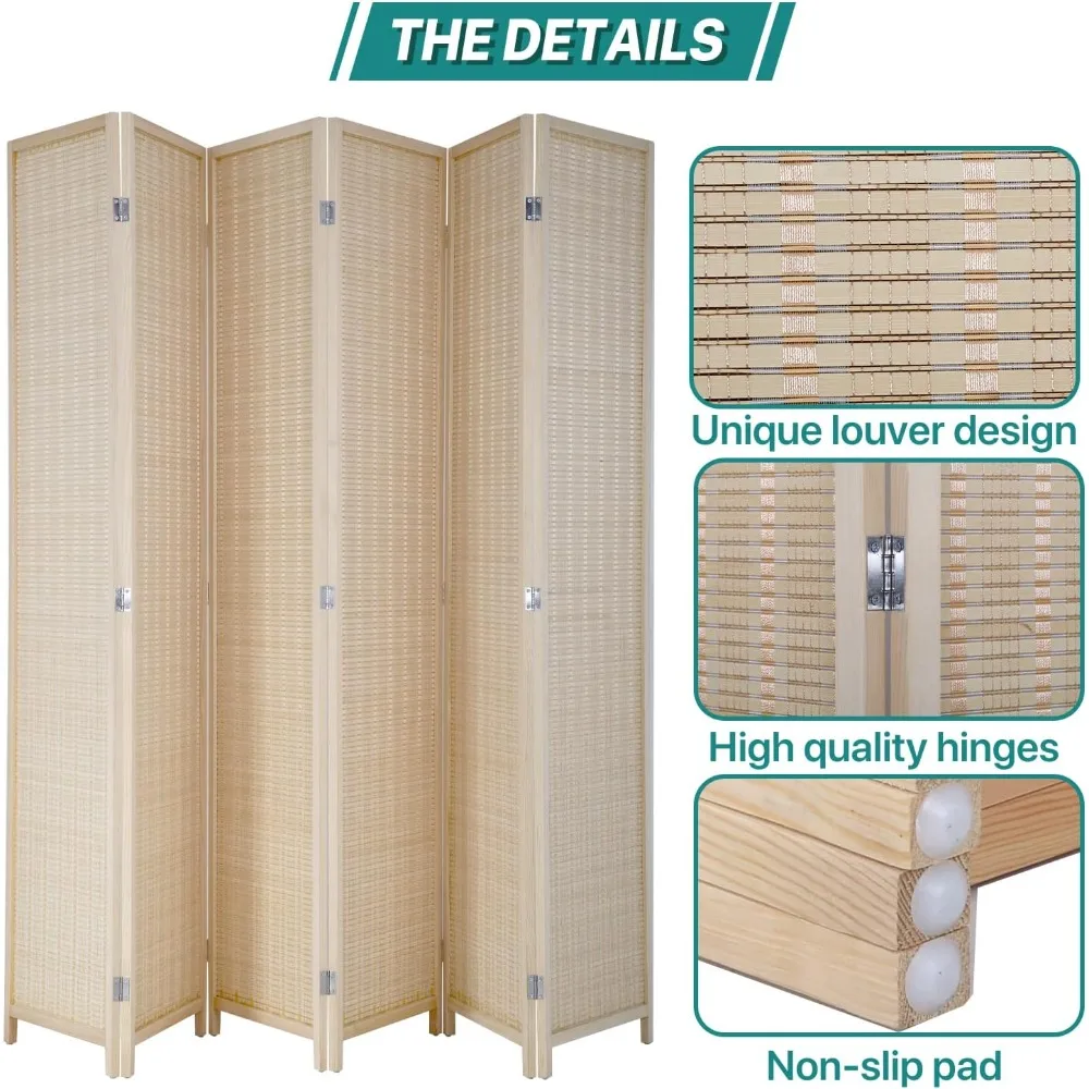 Room Divider Privacy Screen Folding 6 Panels 72" Tall Portable Room Separate Divider, Handmade Bamboo Mesh Woven Design