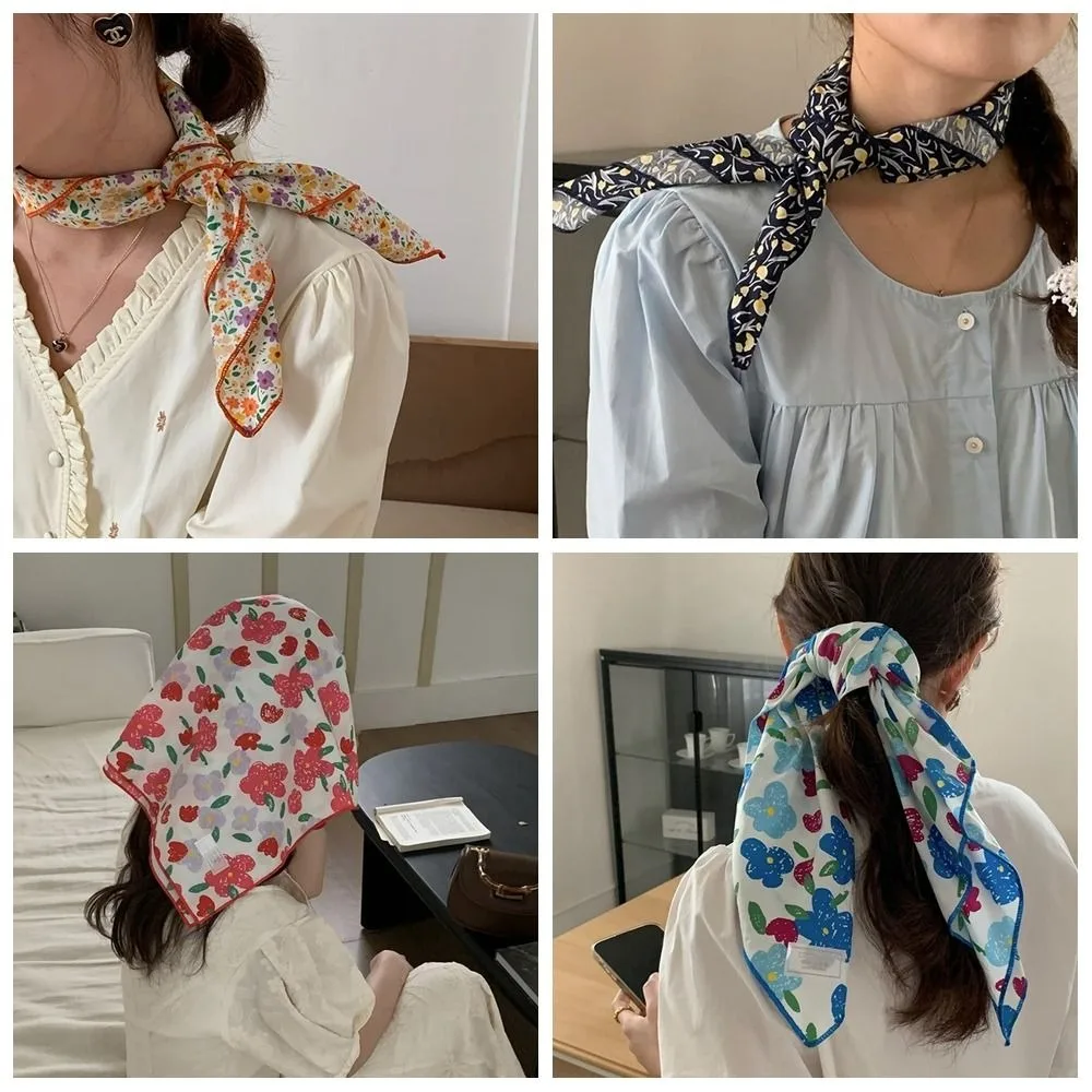 

Повязка на голову с цветочным принтом, маленький квадратный шарф в пасторальном стиле, шелковый шарф с принтом, аксессуары, шейный платок, шарф, повязка для волос