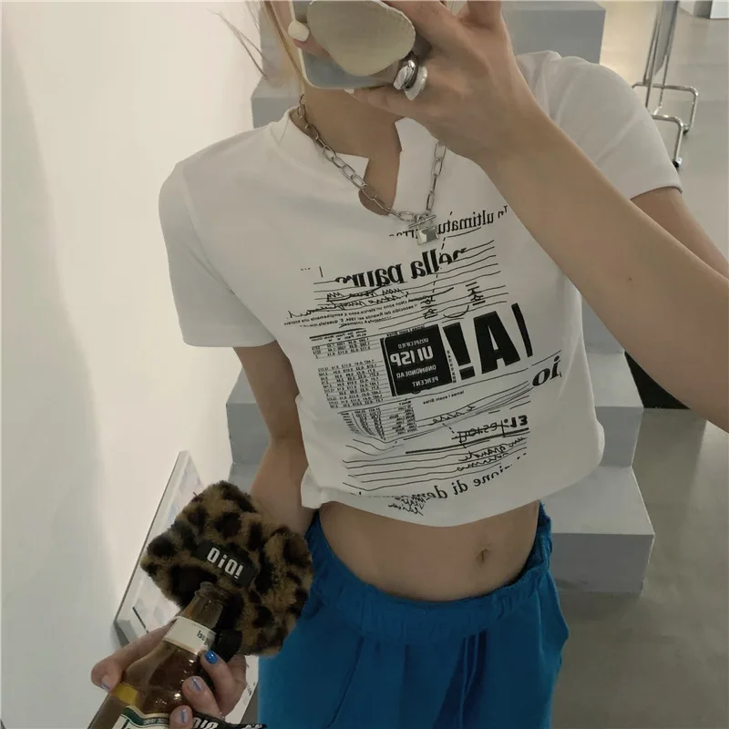 Vintage Letter Print Short Sleeve T-shirts Crop Top Women Sexy Slim Summer T Shirt Korean Style Chic Grunge Aesthetic Streetwear
