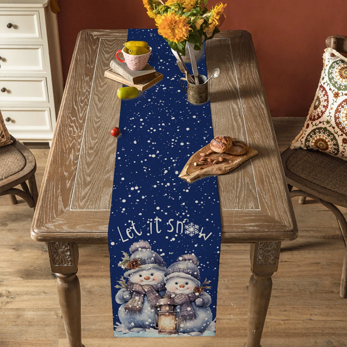 Christmas Snowman Snowflake Linen Table Runner Dresser Scarves Table Decor Winter Xmas Dining Table Runners Navidad Decorations