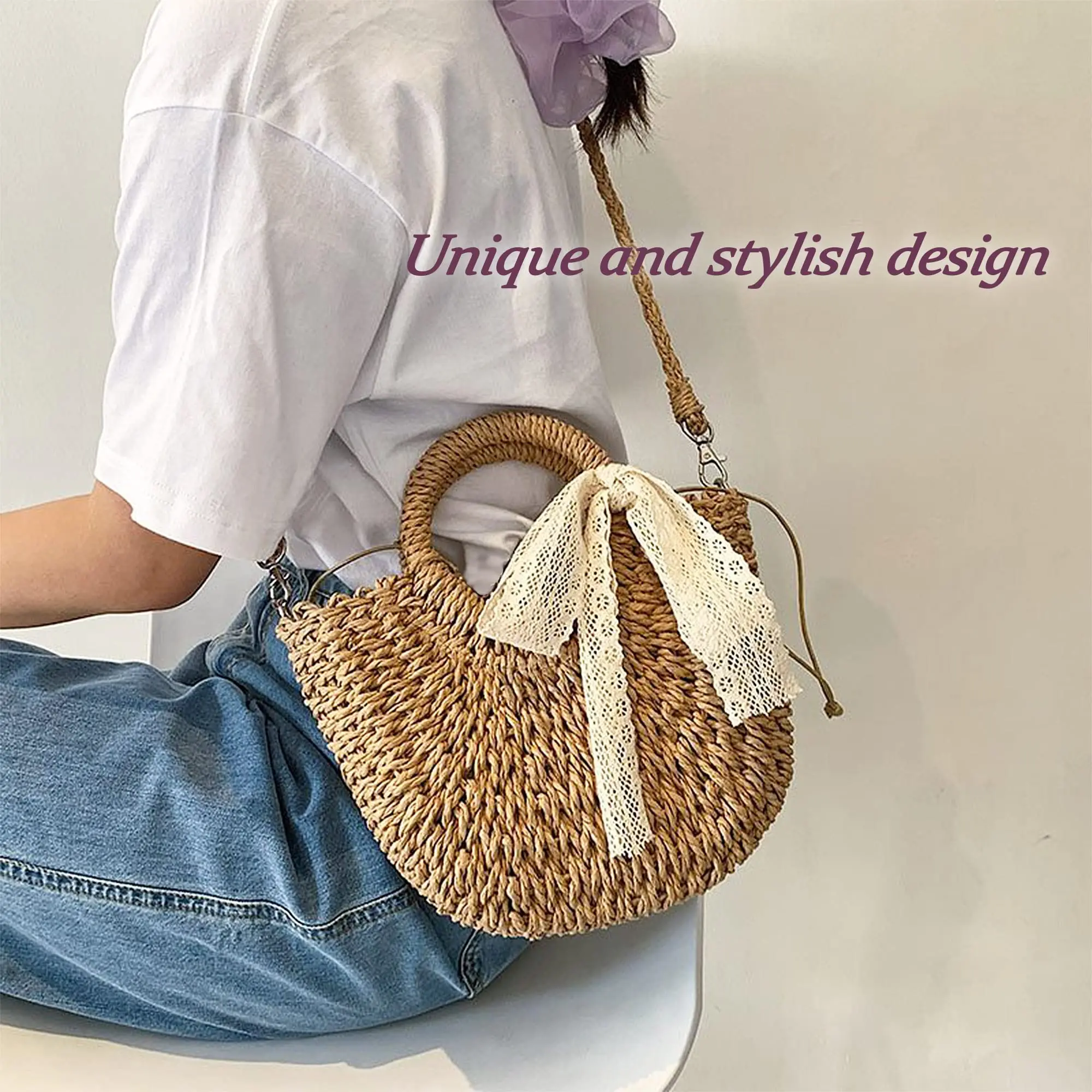 

Woven Wicker Clutch Bag Round Straw Beach Bag Vintage Handmade Woven Shoulder Bag Raffia circle Rattan bags Bohemian Summer Vaca