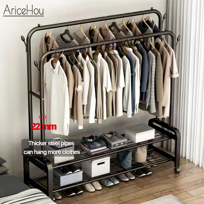 Garment Rack Floor Standing Clothes Hanger Double Pole Coat Rack Wardrobe Clothing Drying Rack Mobile Cloth Rail Home Furniture