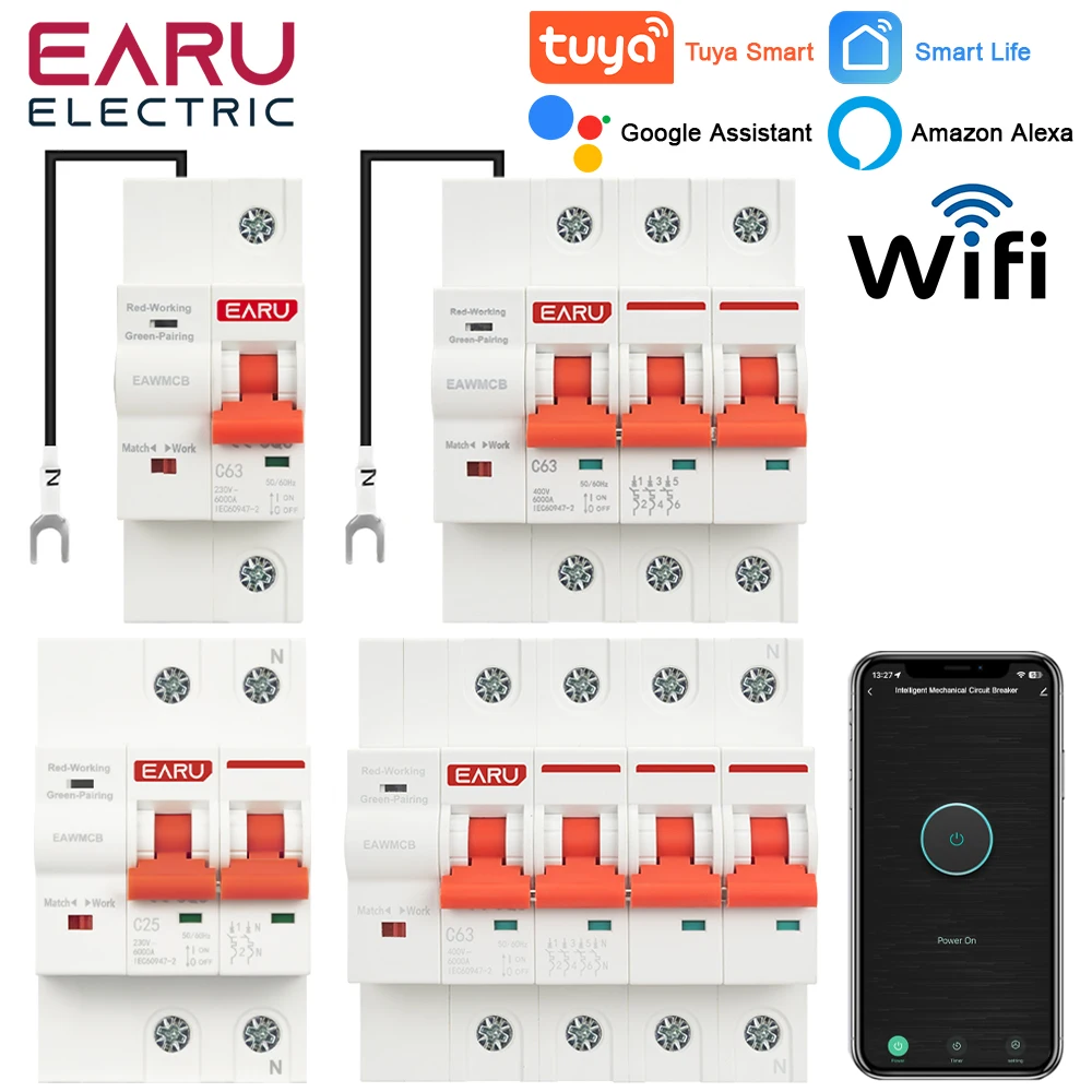 Tuya App WiFi smart circuit breaker MCB 1/2/3/4P 63A 100A short circuit over load protector switch timer voice remote control