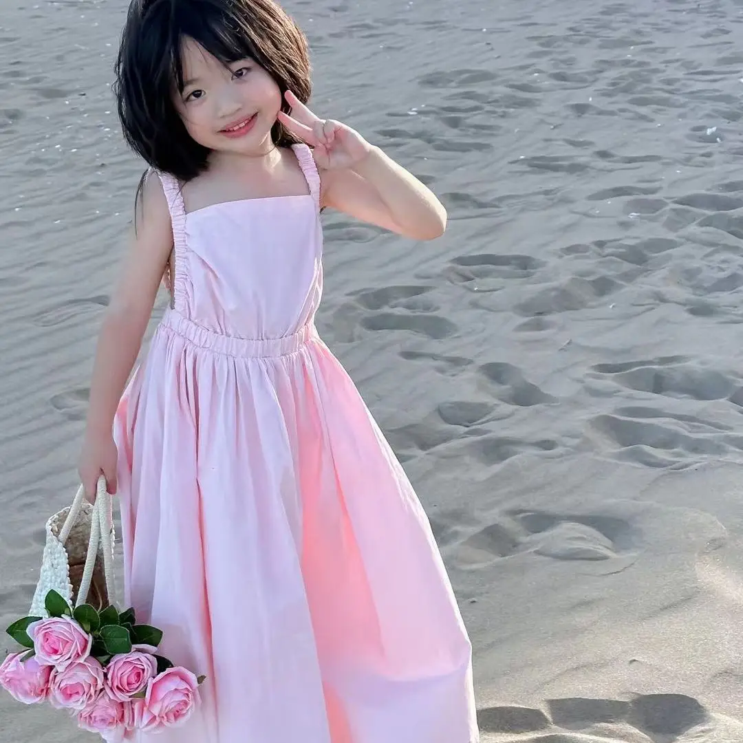 

Summer Baby Girls Cotton Plain Pink Pleated Backless Sleeveless Suspender Long Dresses Kids Outfits Children Sweet Skirt 2-8 Yr