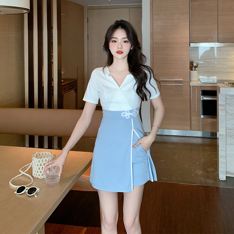 2024 Summer Women New Temperament Hit Color White Blue Fashion Dress+Black Shorts Set 2pcs Suits