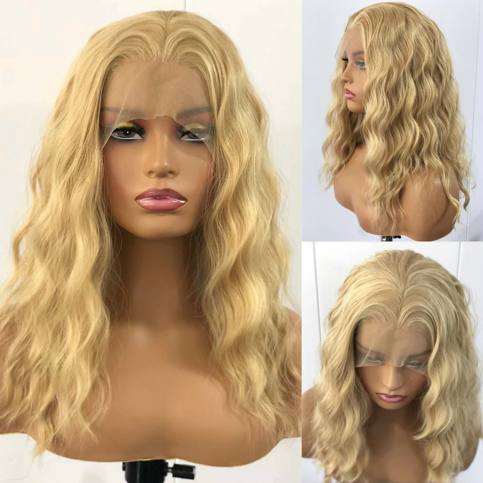 Honey Blonde Highlight Wig Deep Wave Synthetic Lace Front Wig Short Curly Wavy Mixed Colored Hair 13X4 Frontal Wigs for Women,lace front wig,synthetic hair wigs