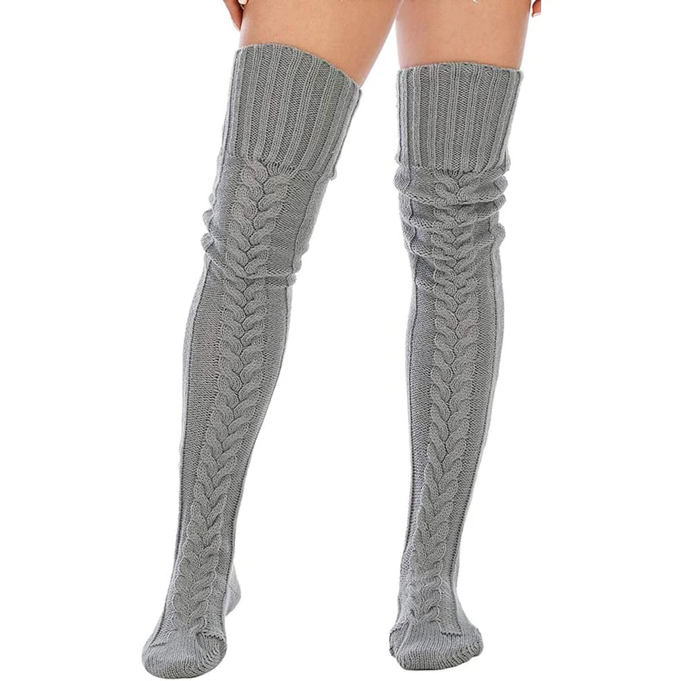 1 Paar Damen-Stiefelsocken mit Zopfmuster, gestrickt, oberschenkelhoch, extra lange Winterstrümpfe, Overknee-Beinstulpen – Detail 15