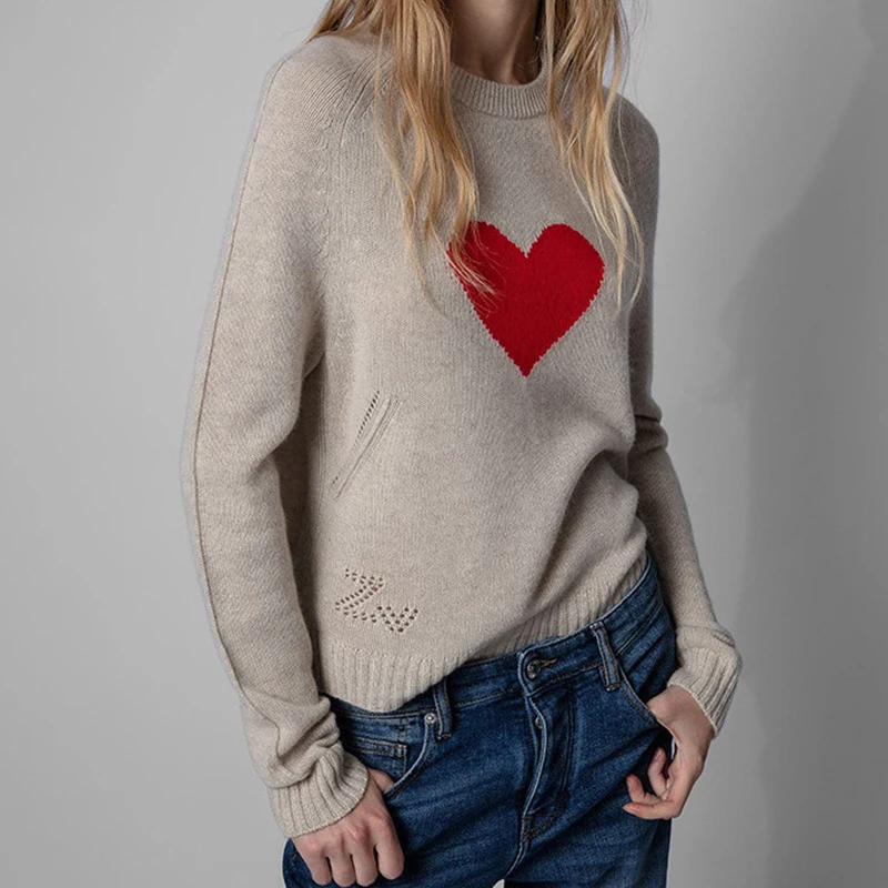 

Zadig Knitted Sweaters Women Khaki O-Neck Heart Embroidery Sweatshirt Female Autumn Winter Long Sleeve Sweaters Pullover Tops