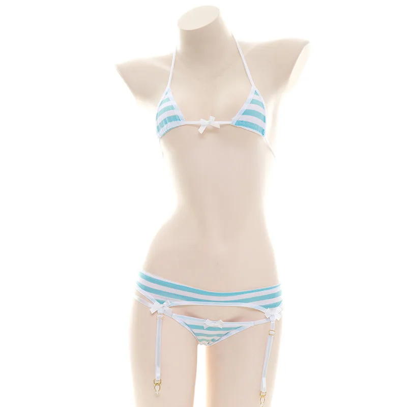 2025 Striped Halter Micro Bikini Set Lolita Kawaii Swimsuit Backless String Tied Bathing Suit 2