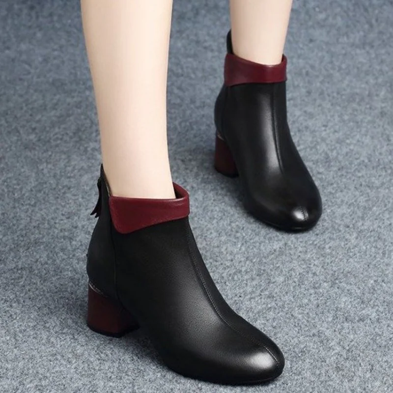 Women's Ankle Boots Pumps Winter Autumn Ladies Plush Warm High Heels Leather Fashion Pointed Toe Zipper Short Women Botas