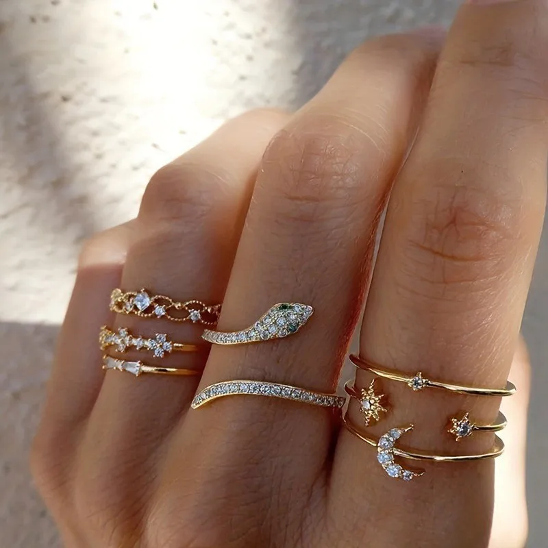 New Boho Zircon Rings Set Gold Color Women Bohemia Crystal Letter LOVE Heart Moon Arrow Flower Ring Lovers Wedding Jewelry Gifts