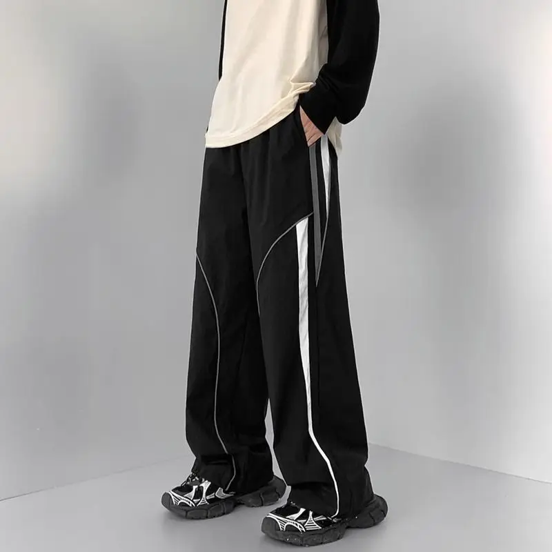 American Style Summer Pants Men's Patchwork Contrast Color Pockets Loose Straight Outdoor Casual Elastic Waist Wide Leg Trousers