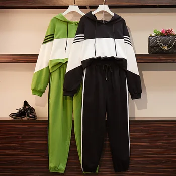 150Kg Plus Size Women's Bust 149 Spring Autumn Loose Striped Sweatshirt Pants Casual Set Black Green 5XL 6XL 7XL 8XL 9XL