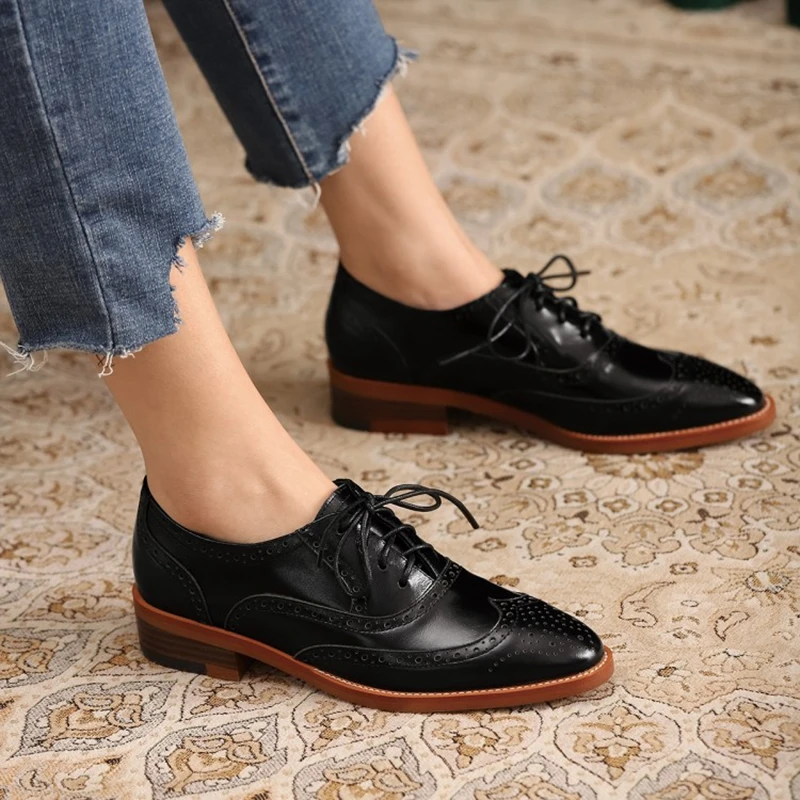 Women Oxford Shoes Spring/Autumn Women Shoes Genuine Leather for Brogues Vintage Lace up Casual Brown Handmade
