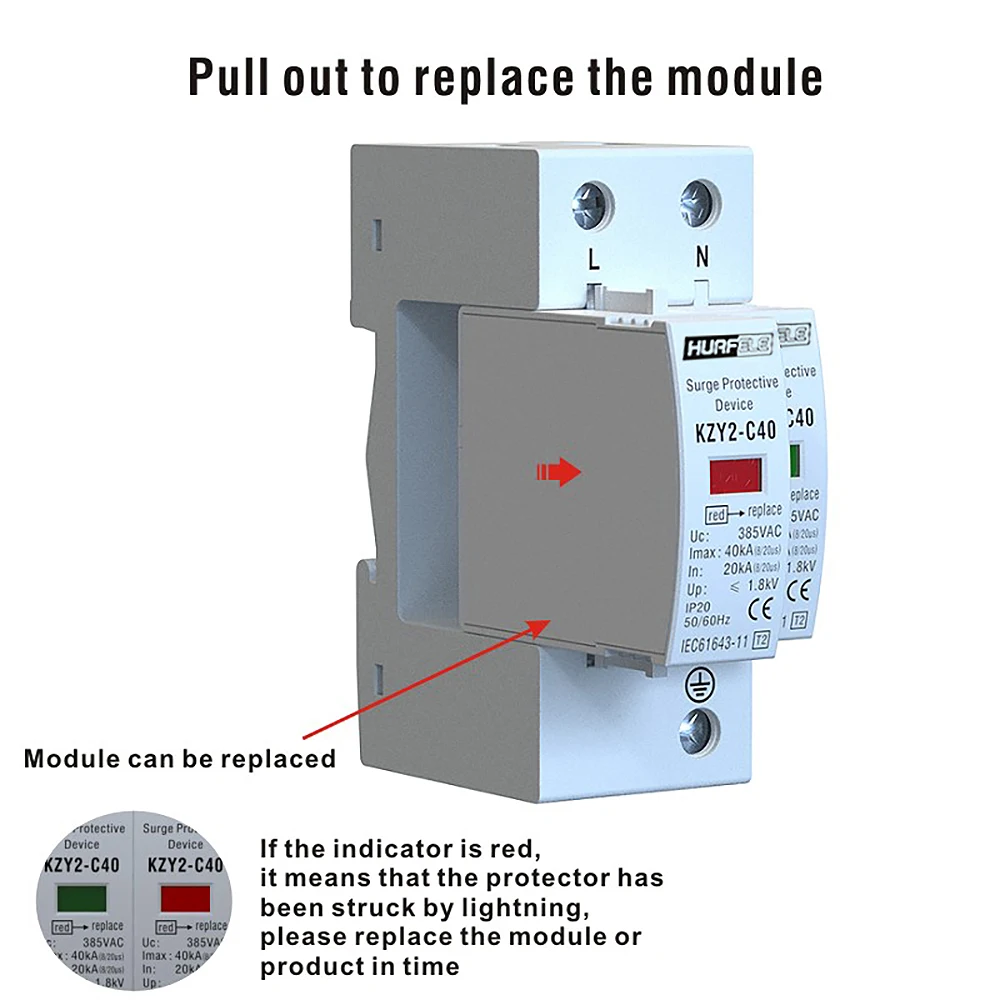surge protector KZY2-C40 2P AC 275V 385V 20KA-40KA Lightning Protector SPD with PE House Safety Electricity Protector