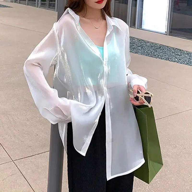 

Рубашка женская с длинным рукавом, тонкая дышащая однотонная универсальная Свободная блуза в стиле пэчворк, однотонная Повседневная приблизительная, A321, на лето