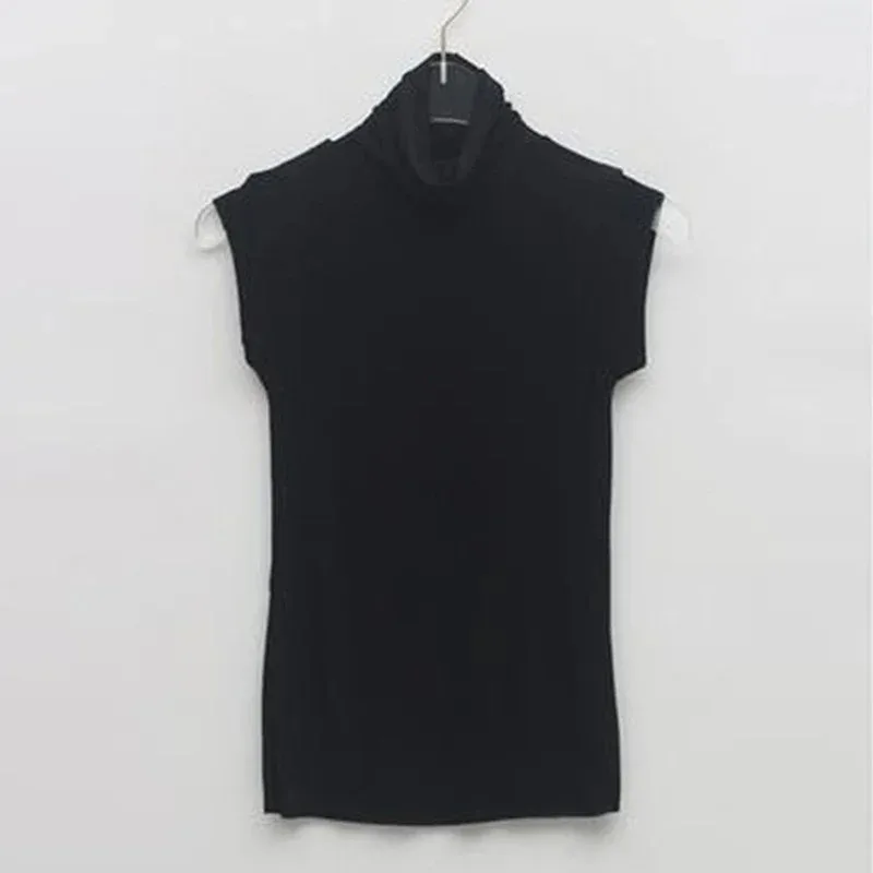 Solid Color Slightly Transparent Tees New Fashion Turtleneck T-shirts for Women Summer Sleeveless Bottoming Tops Clothes 11972