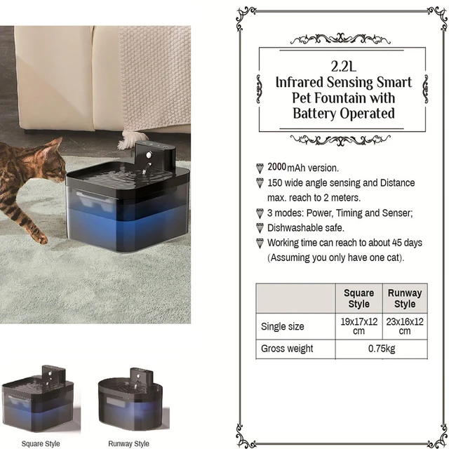 Wireless Cat Water Fountain Battery Operated Automatic Pet Water Fountain With Motion Sensor Dog Cat Water Dispenser Bowl 4