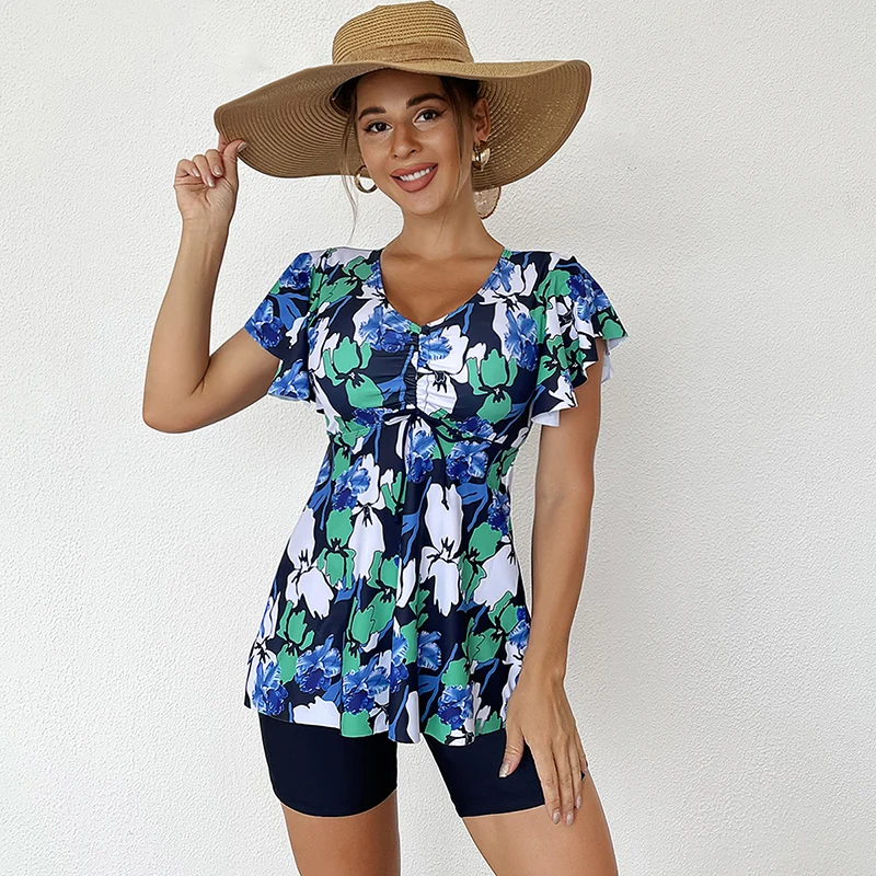 Floral Print Two-Piece Tankini – Conservative Flat-Angle Swimsuit for Women, Stylish Bikini Set Beachwear Swimwear