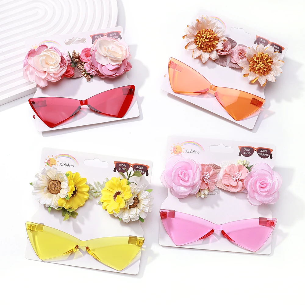 

3Pcs/Set Artificial Flower Hairpins Sunglasses Set for Kids Girls Vintage Geometry Protective Glasses Headwear Hair Accessories