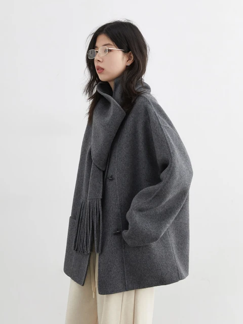 CHIC VEN Women Woolen Coat Solid Loose Single-breasted Overcoats Double Sided Office Ladies Coat with Scarf Autumn Winter 2025 2