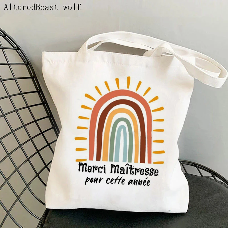 

French Thank You Mistress Ladies Canvas Shopping Bag Large White Handbag Female Reusable Beach Shoulder Bag Gift for Teache