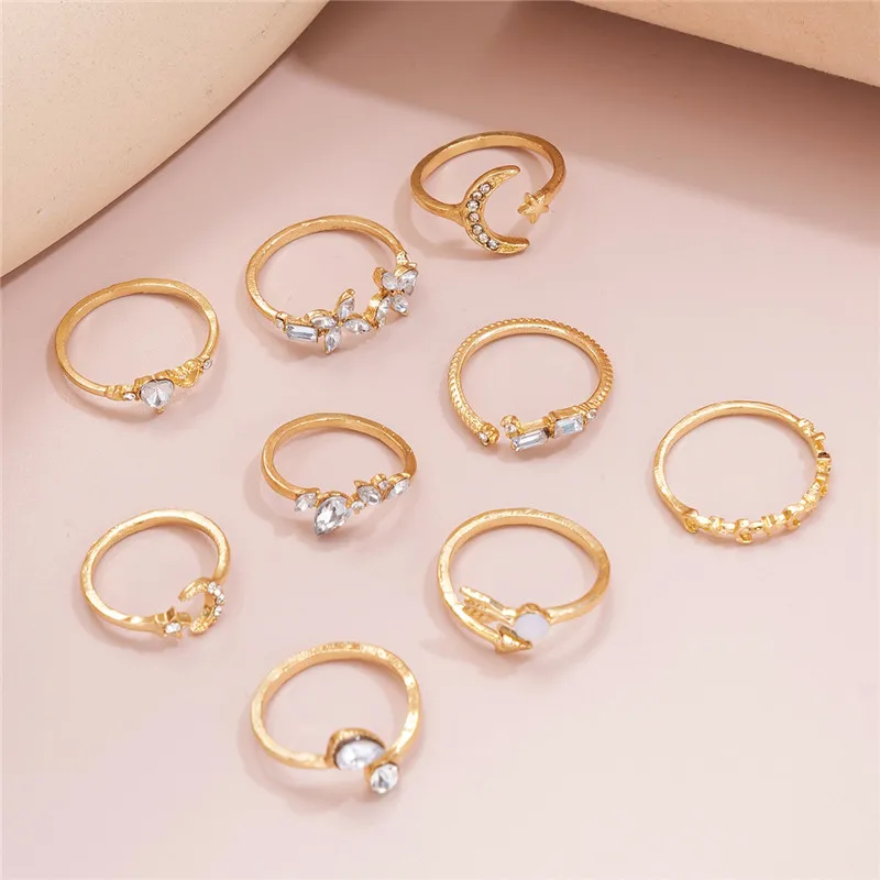 Women's Ring Set Modyle Boho Cubic Zirconia Star Moon Arrow Flower Finger Rings Trendy Jewelry Gift