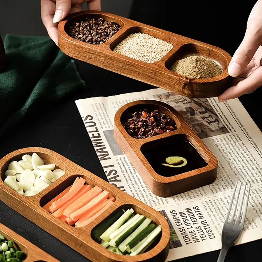 1Pcs Durable 2/3/4 Grids Solid Wood Tray Wooden Retro Seasoning Tray Spice Dish Kitchen Dinner